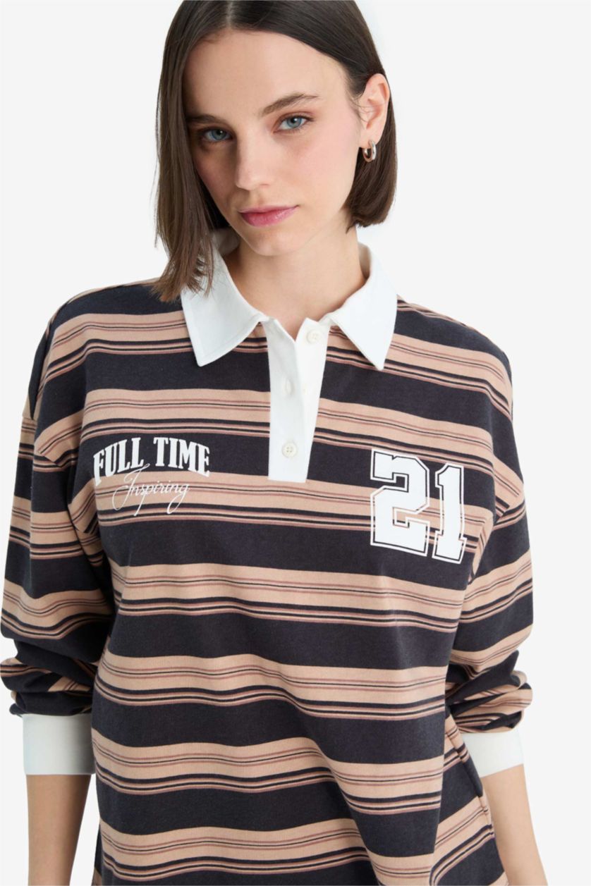 Kadın Antrasit Loose Fit Çizgili Polo Yaka Sweatshirt