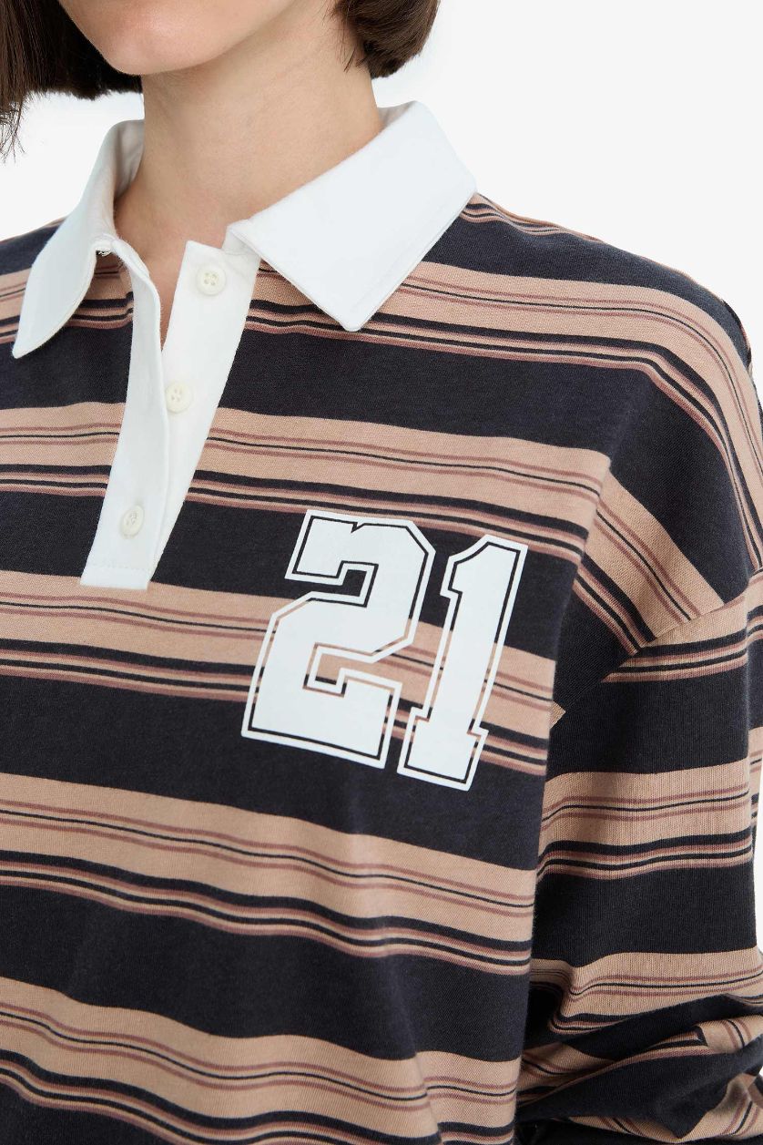 Kadın Antrasit Loose Fit Çizgili Polo Yaka Sweatshirt