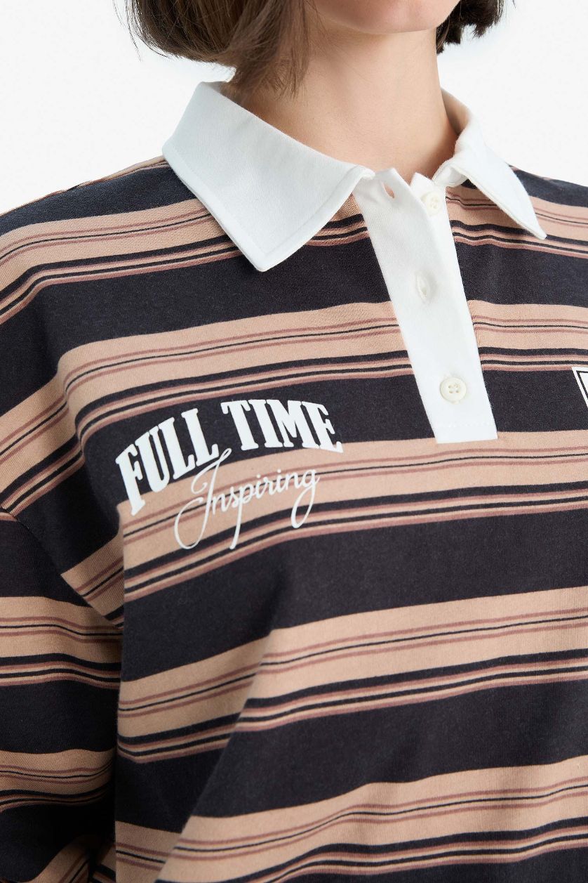 Kadın Antrasit Loose Fit Çizgili Polo Yaka Sweatshirt