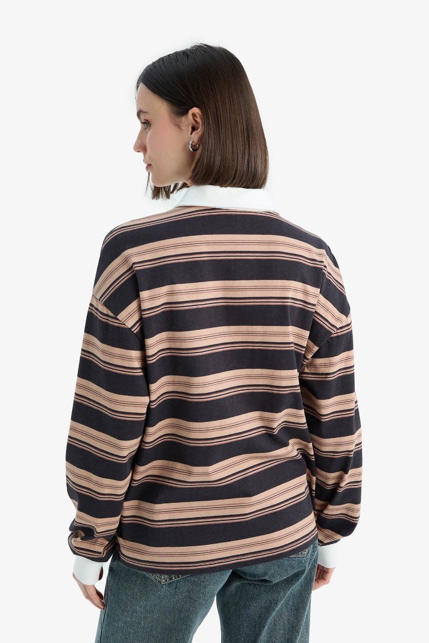 Kadın Antrasit Loose Fit Çizgili Polo Yaka Sweatshirt