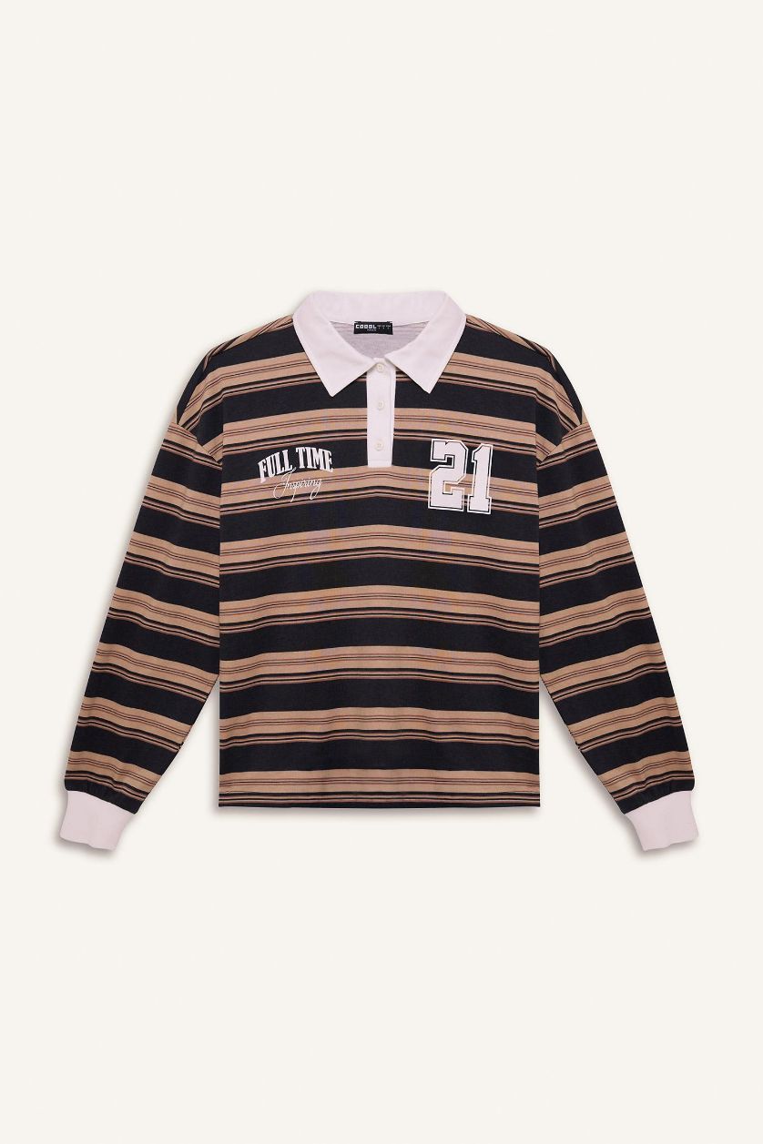 Kadın Antrasit Loose Fit Çizgili Polo Yaka Sweatshirt