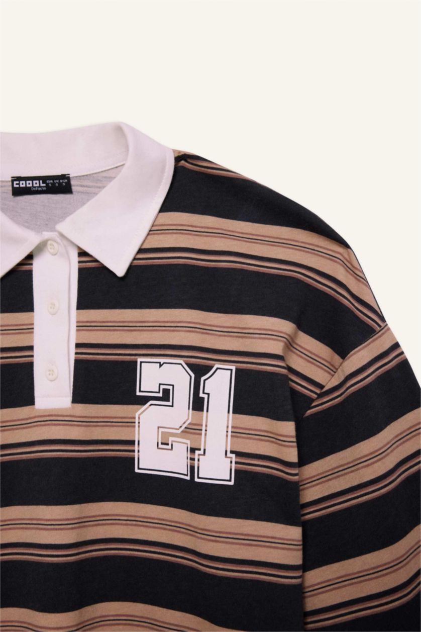 Kadın Antrasit Loose Fit Çizgili Polo Yaka Sweatshirt