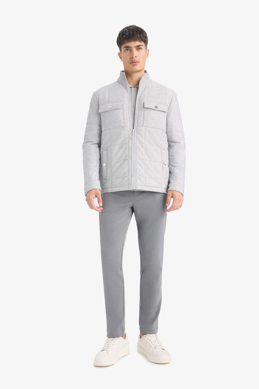 رجالي رمادي جاكيت بامب شتوي سليم فيت بياقة عالية مبطن