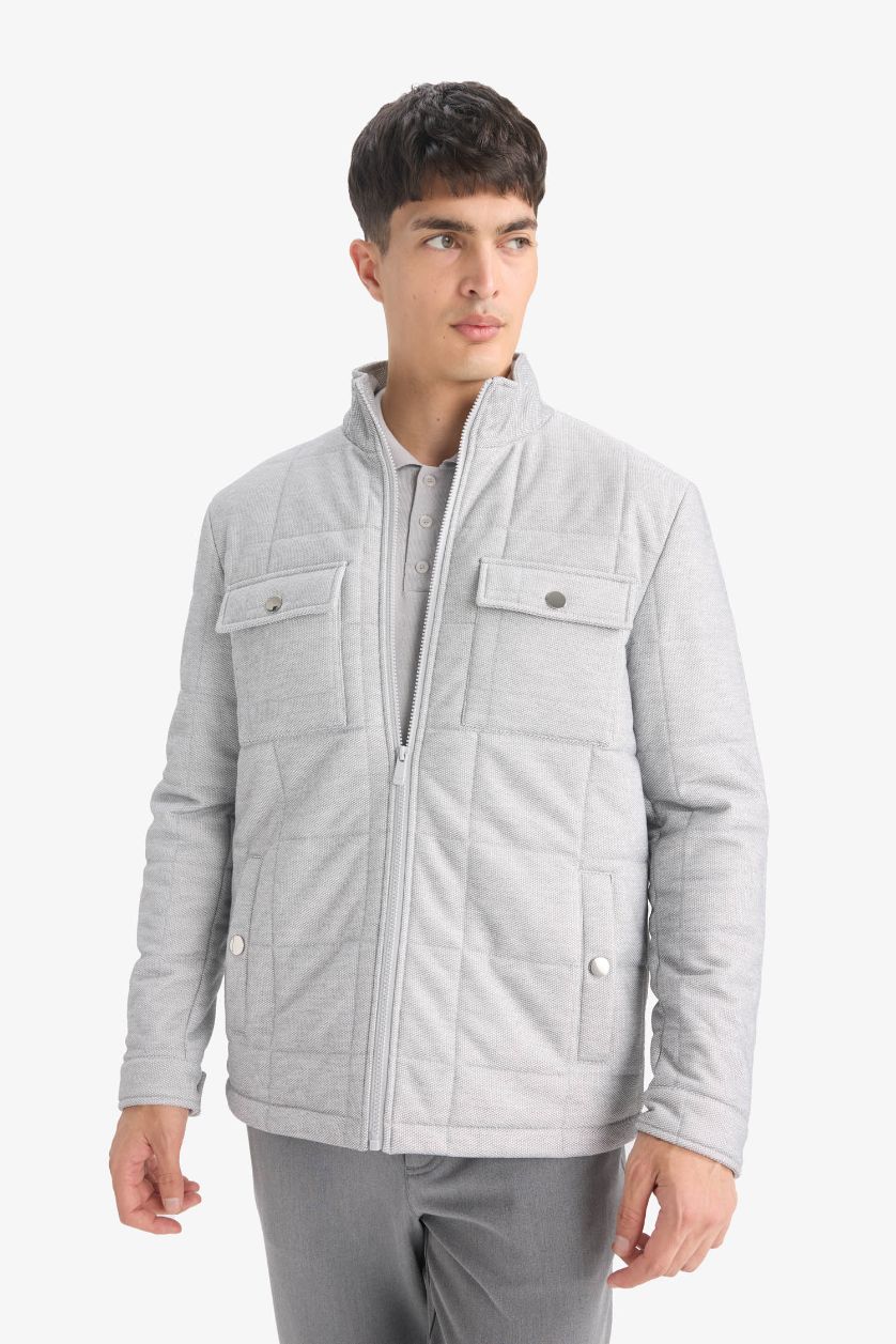 رجالي رمادي جاكيت بامب شتوي سليم فيت بياقة عالية مبطن