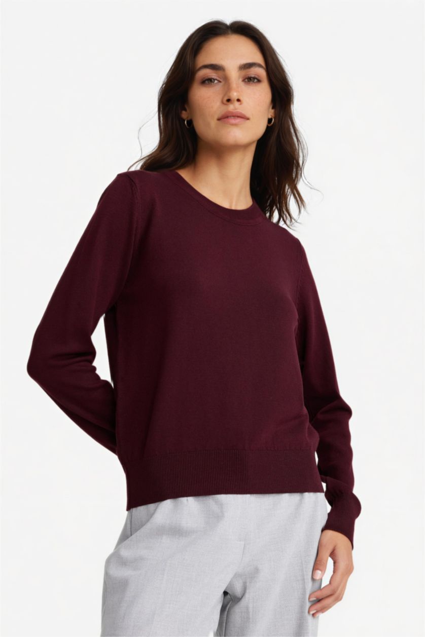 Женщины Бордовый Regular Fit трикотажный свитер с круглым вырезом