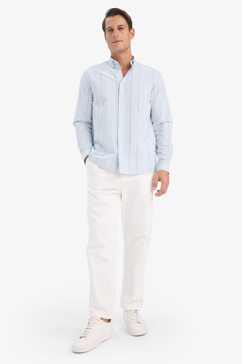 Erkek Açık Mavi %100 Pamuk Regular Fit Polo Yaka Çizgili Cepli Pamuklu Uzun Kollu Gömlek