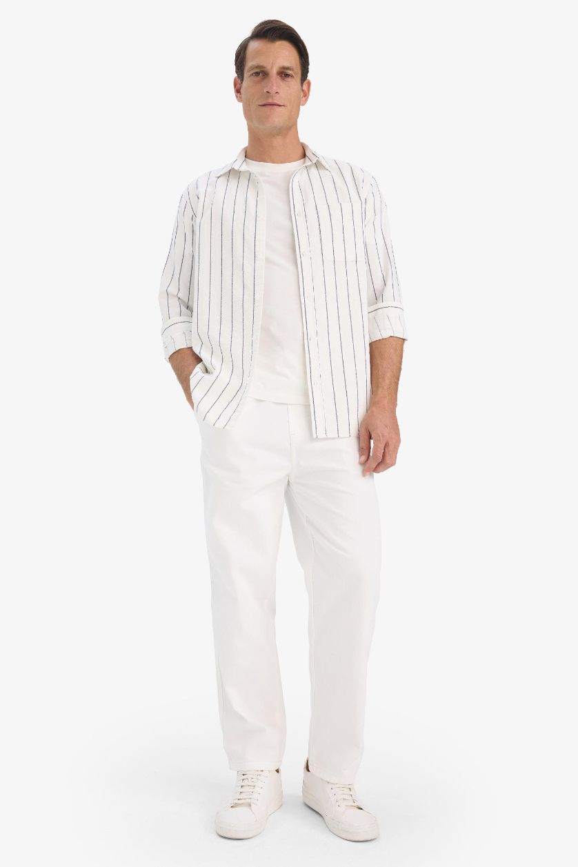 رجالي أبيض قميص مخطط كم طويل قصة عادية قطن بياقة بولو