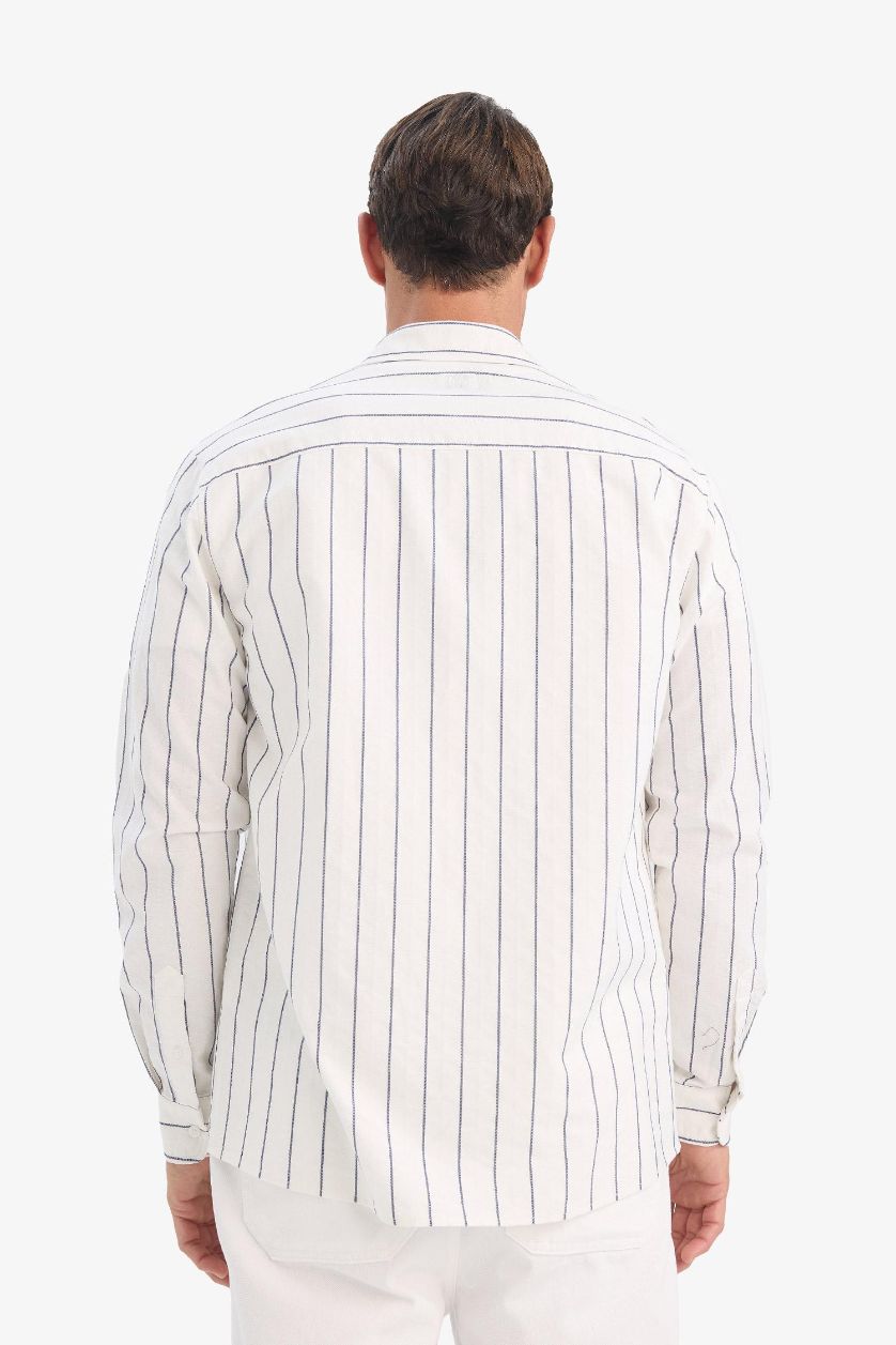 رجالي أبيض قميص مخطط كم طويل قصة عادية قطن بياقة بولو