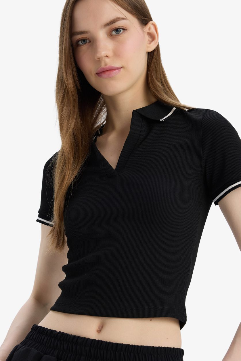 WOMAN Black Fitted Polo Neck Ribbed Camisole Basic T-Shirt
