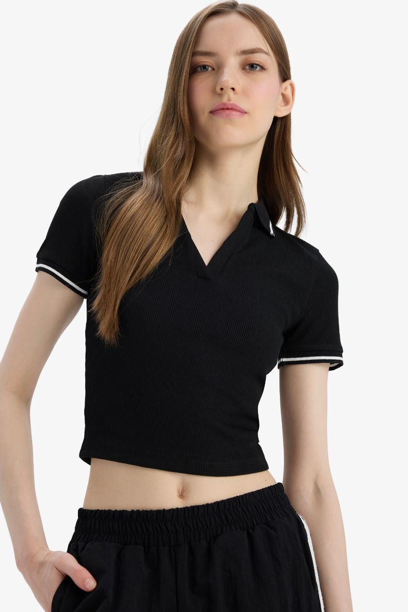 WOMAN Black Fitted Polo Neck Ribbed Camisole Basic T-Shirt