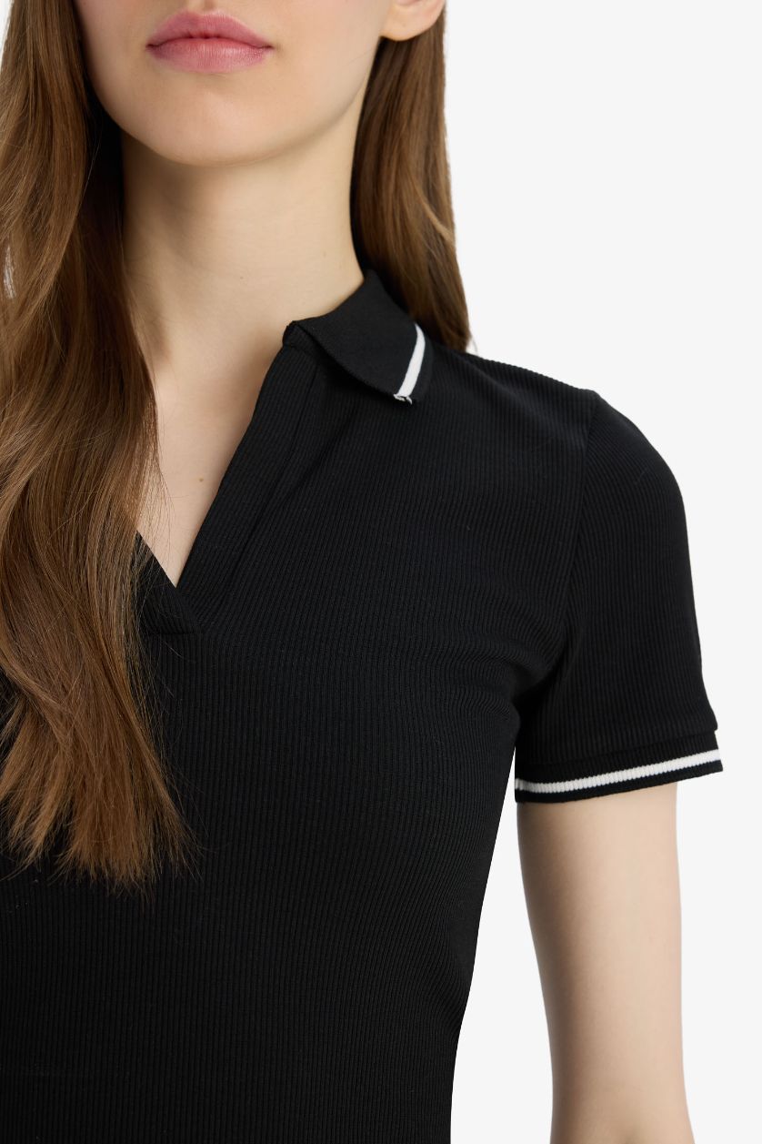 WOMAN Black Fitted Polo Neck Ribbed Camisole Basic T-Shirt