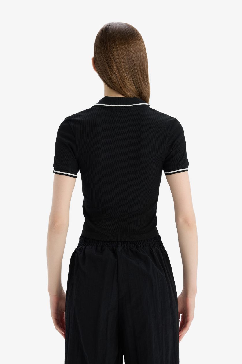 WOMAN Black Fitted Polo Neck Ribbed Camisole Basic T-Shirt