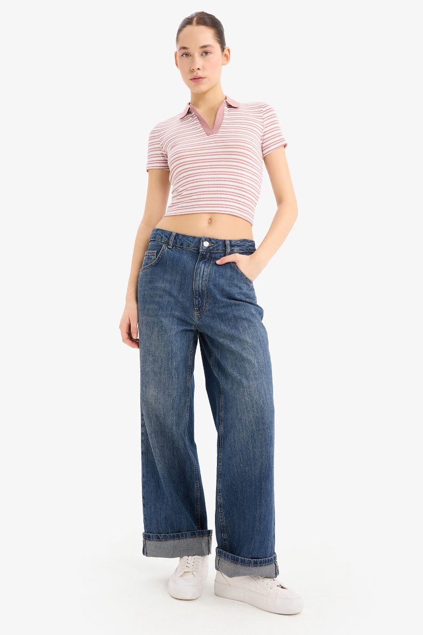 Kadın Gülkurusu Fitted Polo Yaka Çizgili Fitilli Kaşkorse Kısa Kollu Tişört