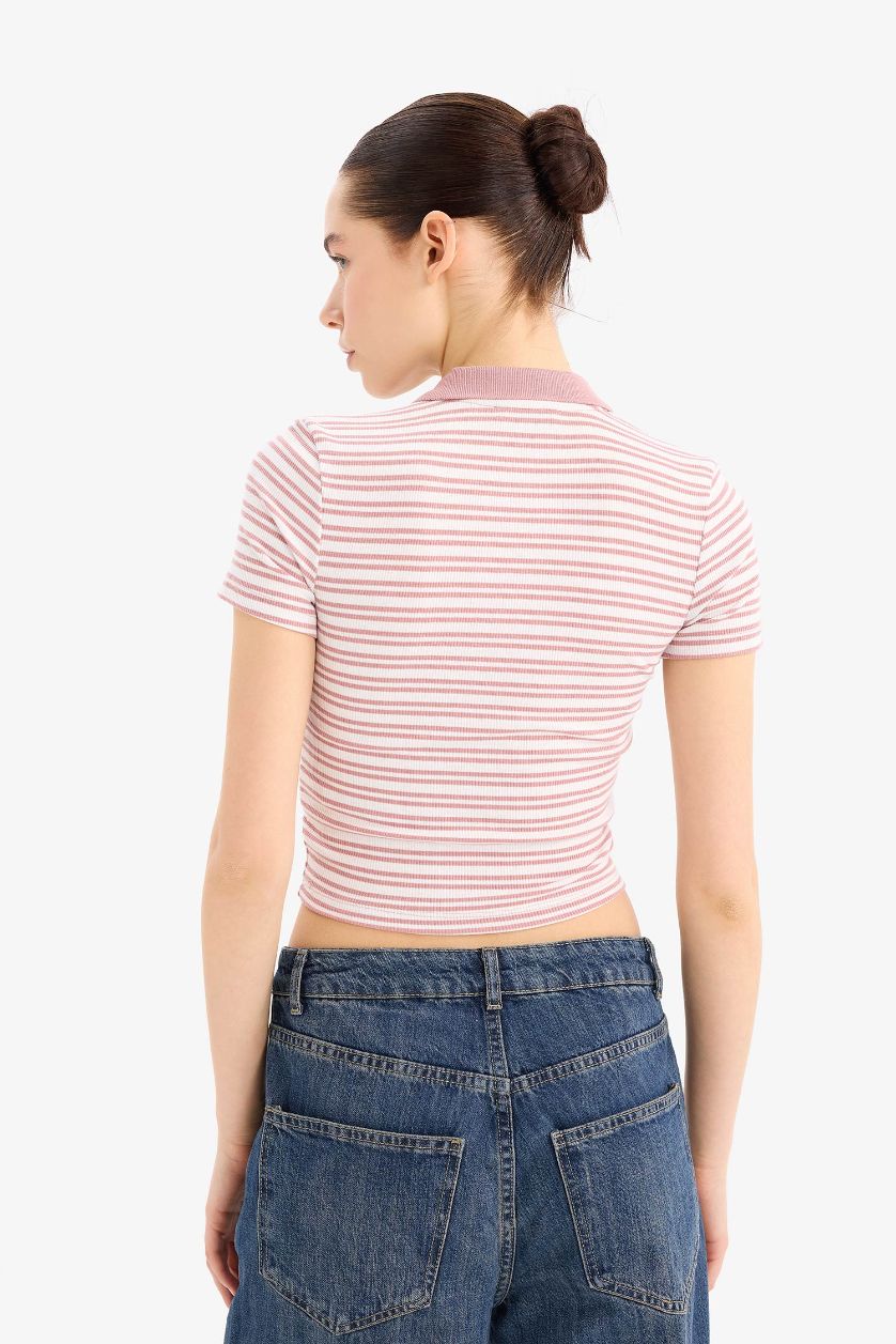Kadın Gülkurusu Fitted Polo Yaka Çizgili Fitilli Kaşkorse Kısa Kollu Tişört
