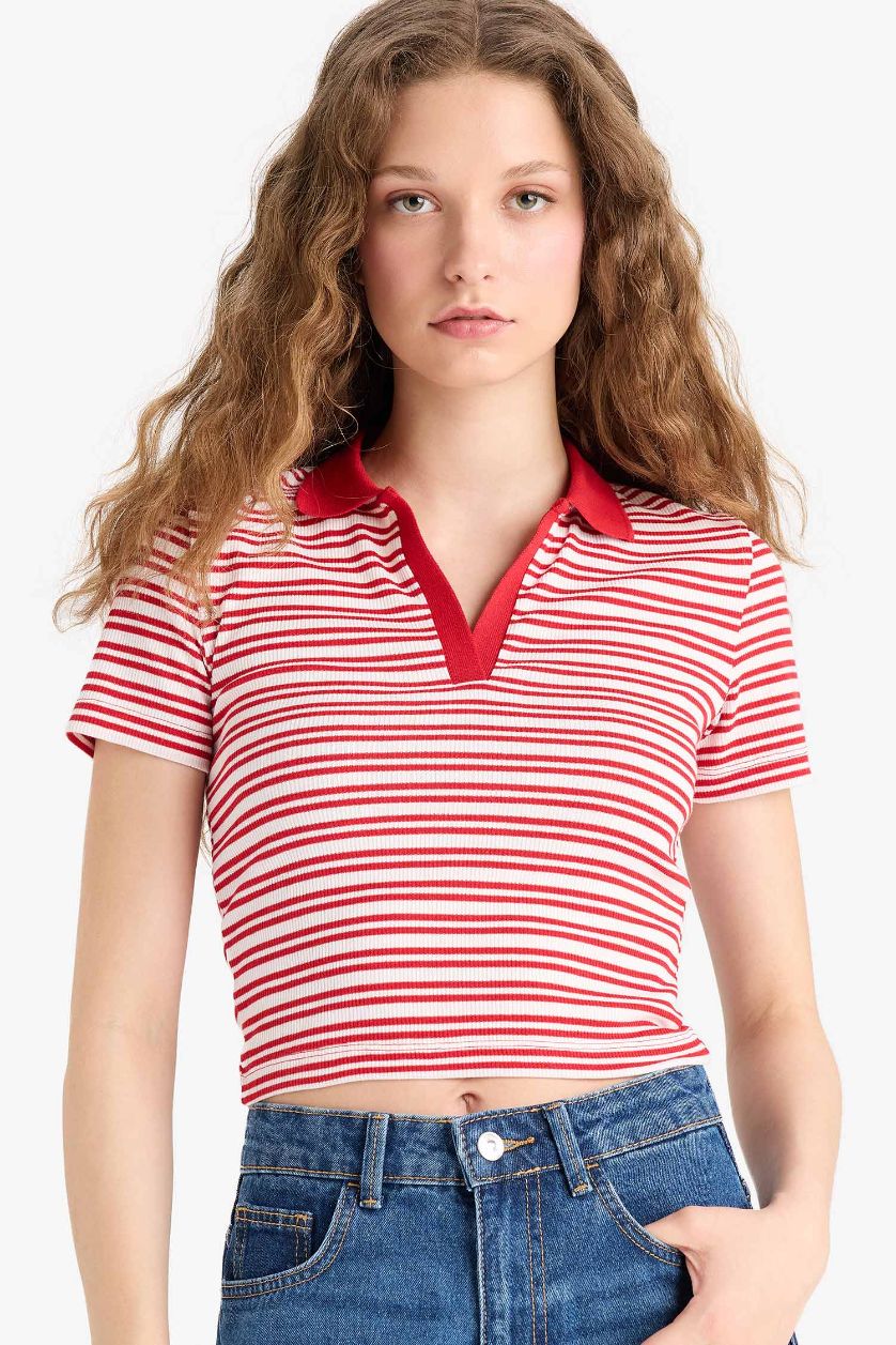 Woman Red تيشيرت بولو مضلع مخطط سليم فيت