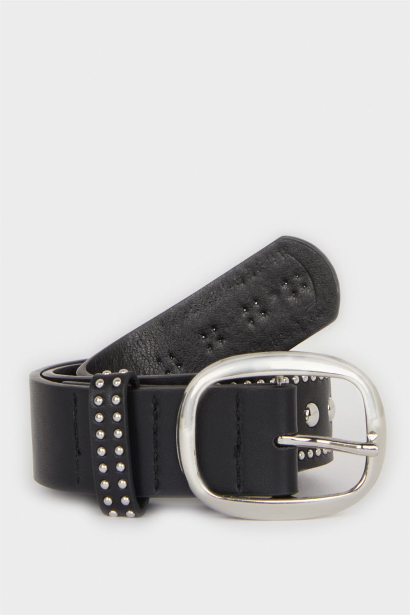 Women Black Woman Faux Leather Denim Belt