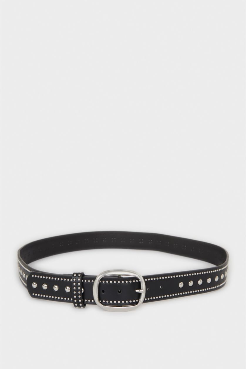Women Black Woman Faux Leather Denim Belt