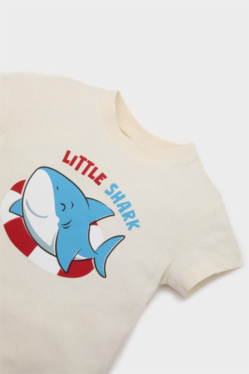 Erkek Bebek Ekru 2'li Takım Baskılı Kısa Kollu Waffle Tişört Beli Lastikli Alt Erkek Bebek