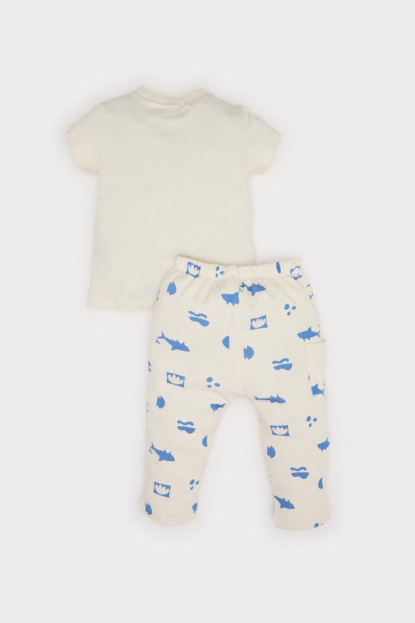 Erkek Bebek Ekru 2'li Takım Baskılı Kısa Kollu Waffle Tişört Beli Lastikli Alt Erkek Bebek