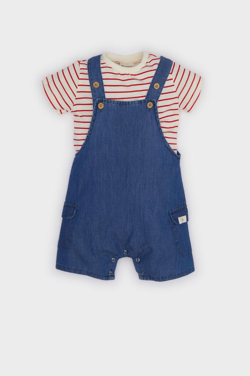 Erkek Bebek Açık Mavi 2'li Takım Çizgili Kısa Kollu Tişört Jean Salopet Tulum Erkek Bebek