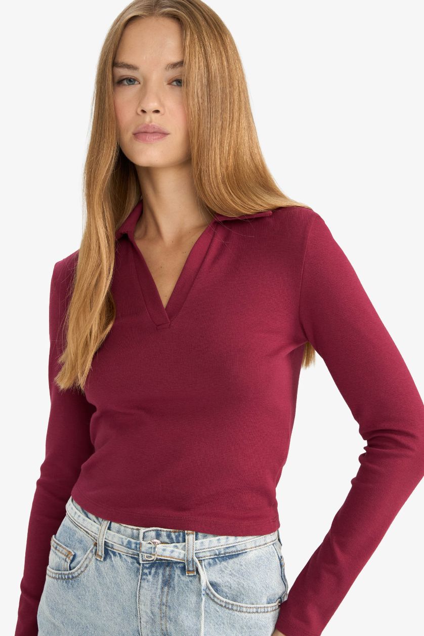 نساء خمري Fitted Polo Neck Basic Modal T-Shirt