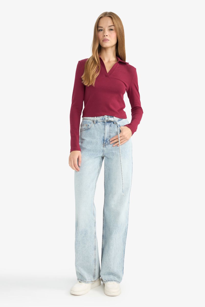 نساء خمري Fitted Polo Neck Basic Modal T-Shirt