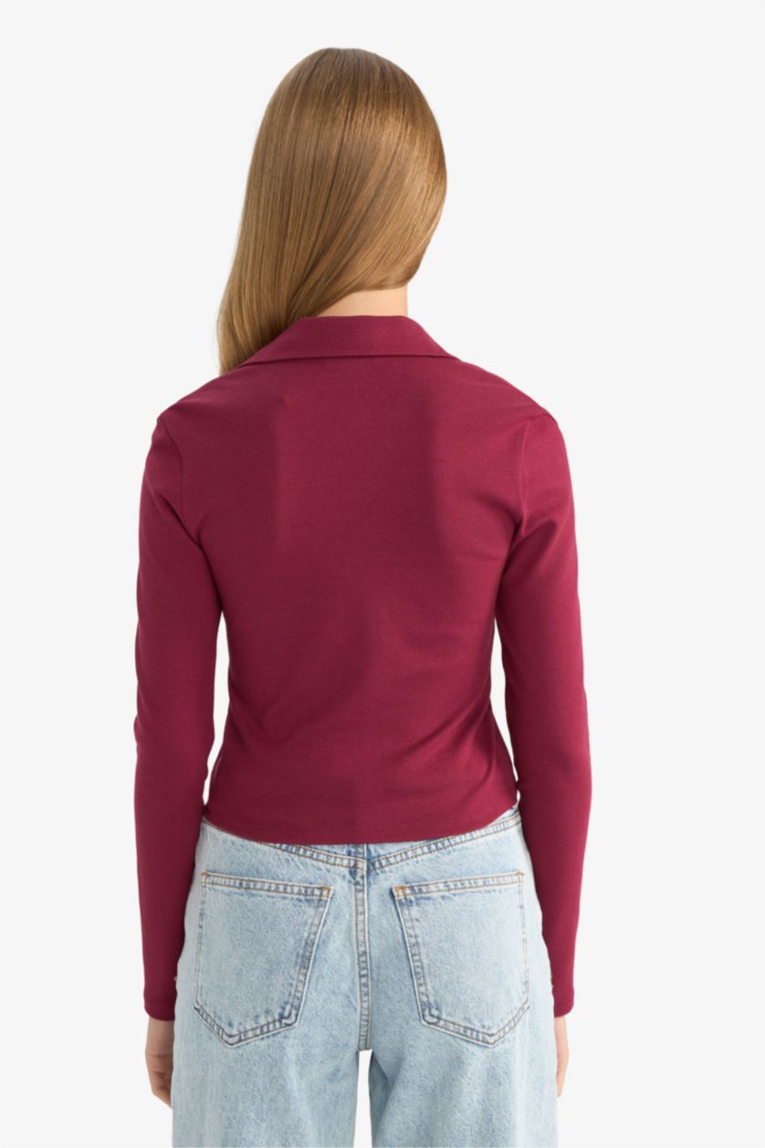 نساء خمري Fitted Polo Neck Basic Modal T-Shirt