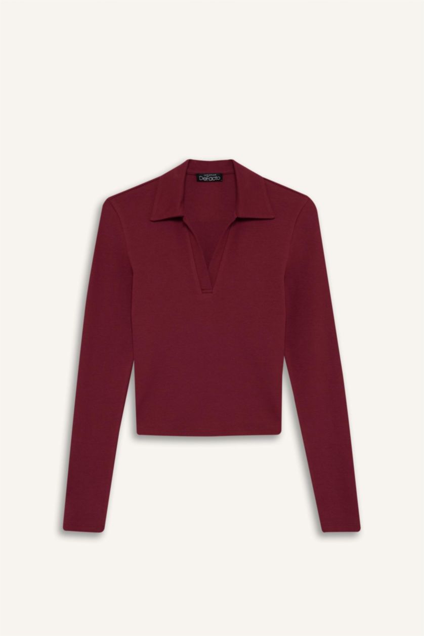 نساء خمري Fitted Polo Neck Basic Modal T-Shirt