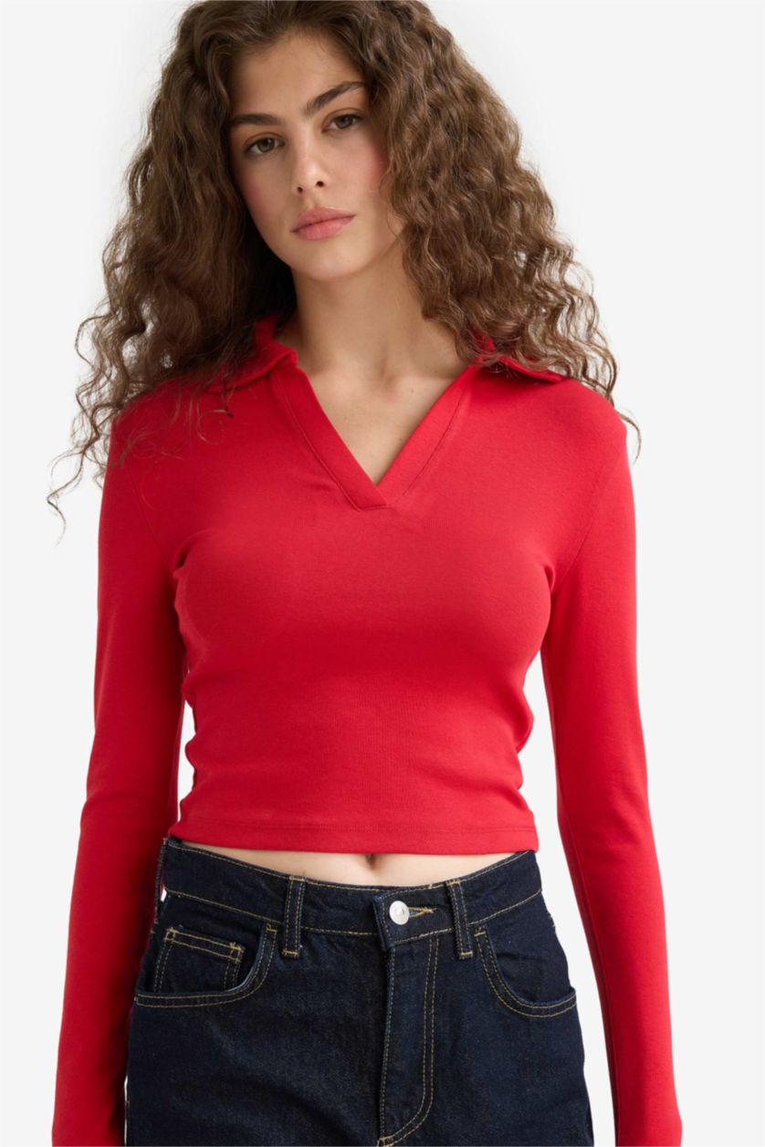 Женщины Красный Футболка с длинными рукавами и воротником поло облегающего кроя из модала