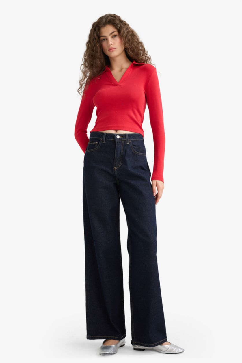 Женщины Красный Футболка с длинными рукавами и воротником поло облегающего кроя из модала