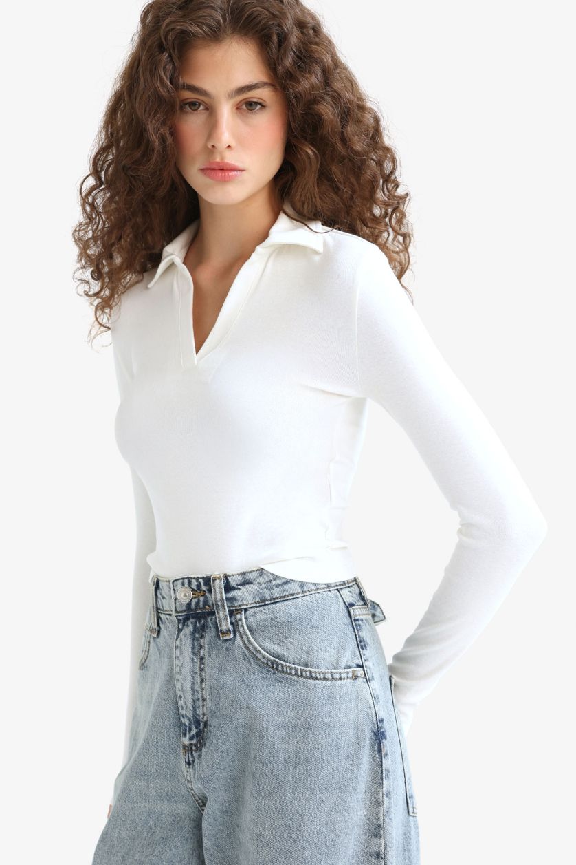 Woman White Fitted Basic Long Sleeve White Polo T-Shirt
