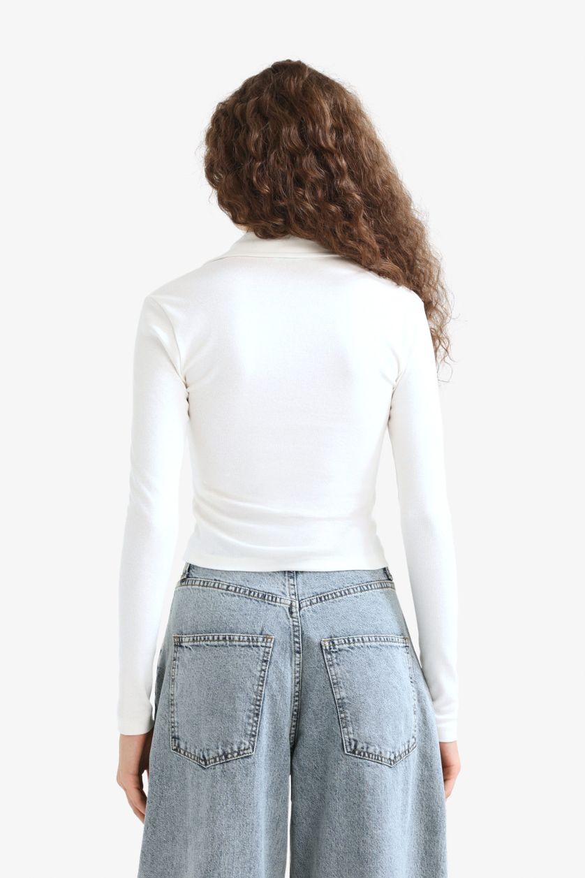 Woman White Fitted Basic Long Sleeve White Polo T-Shirt