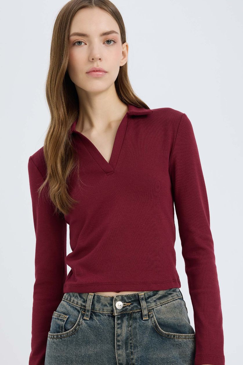 Kadın Bordo Fitted Polo Yaka Basic Düz Modal Uzun Kollu Tişört