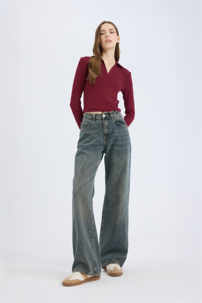 Kadın Bordo Fitted Polo Yaka Basic Düz Modal Uzun Kollu Tişört