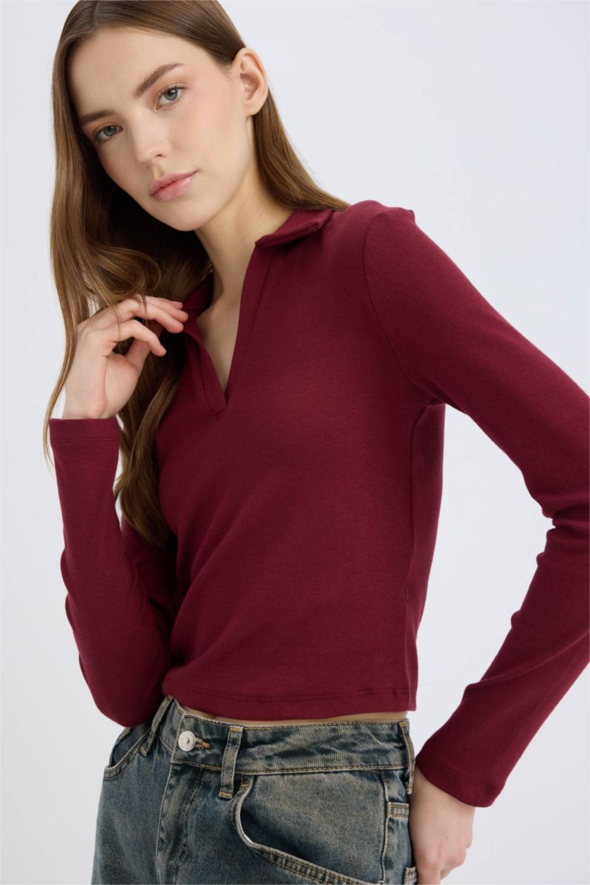 Kadın Bordo Fitted Polo Yaka Basic Düz Modal Uzun Kollu Tişört