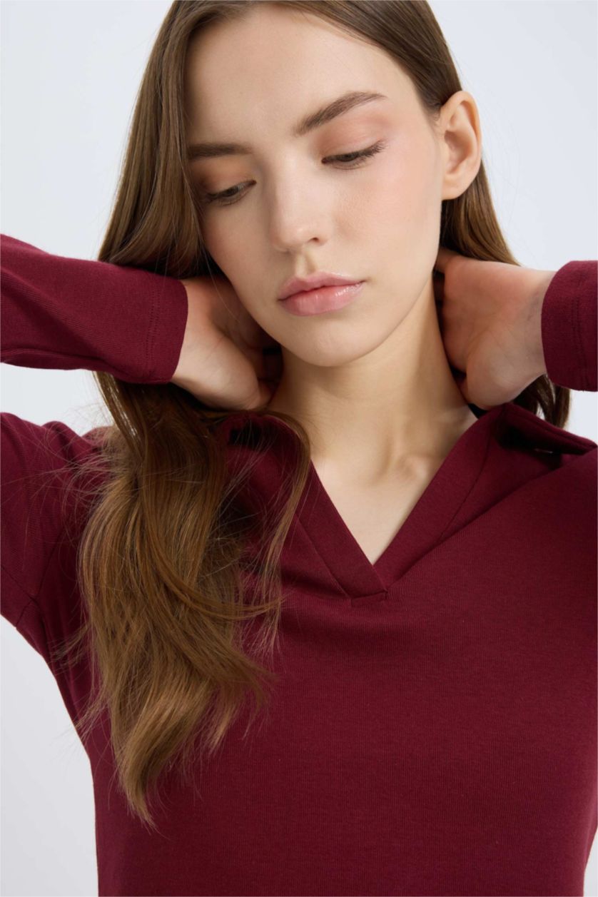 Kadın Bordo Fitted Polo Yaka Basic Düz Modal Uzun Kollu Tişört