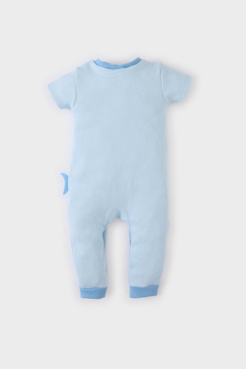 Erkek Bebek Açık Mavi Köpek Balığı Baskılı Kısa Kollu Waffle Tulum Erkek Bebek Yenidoğan