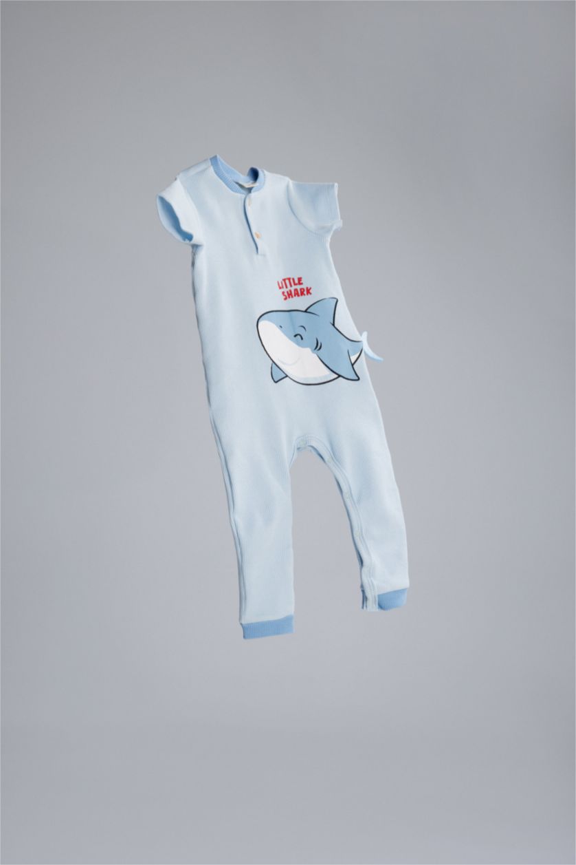 Erkek Bebek Açık Mavi Köpek Balığı Baskılı Kısa Kollu Waffle Tulum Erkek Bebek Yenidoğan