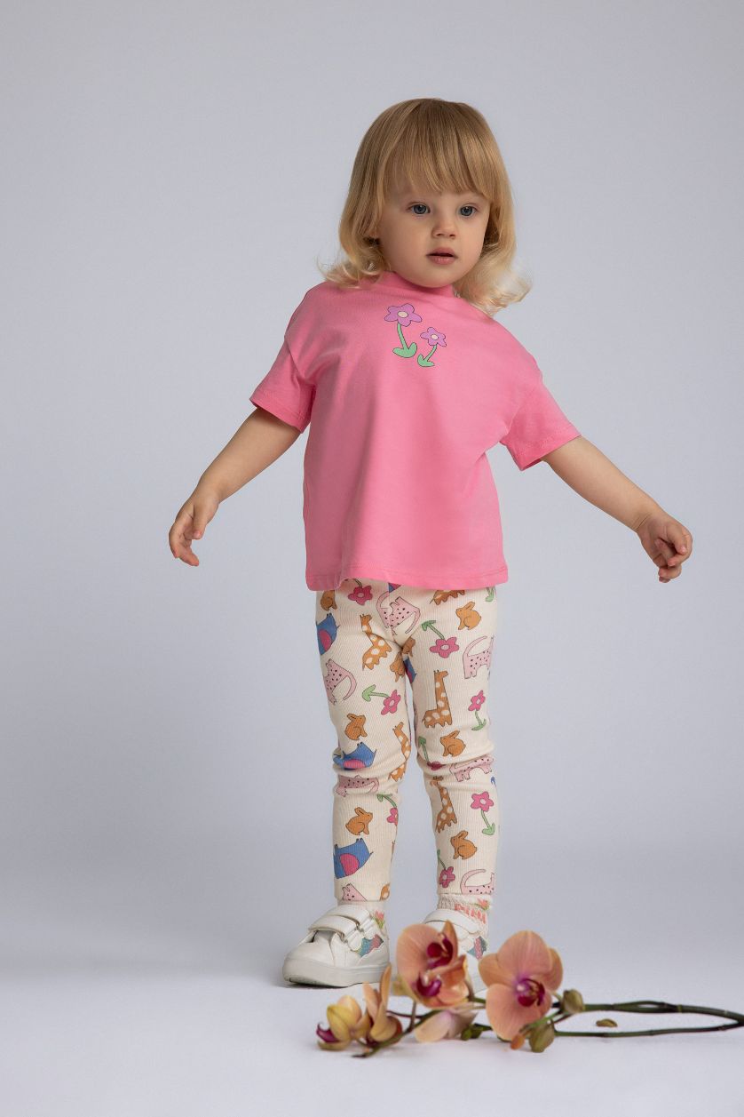 BABY GIRL Ecru Baby Girl Regular Fit Animal Patterned Ribbed Trousers