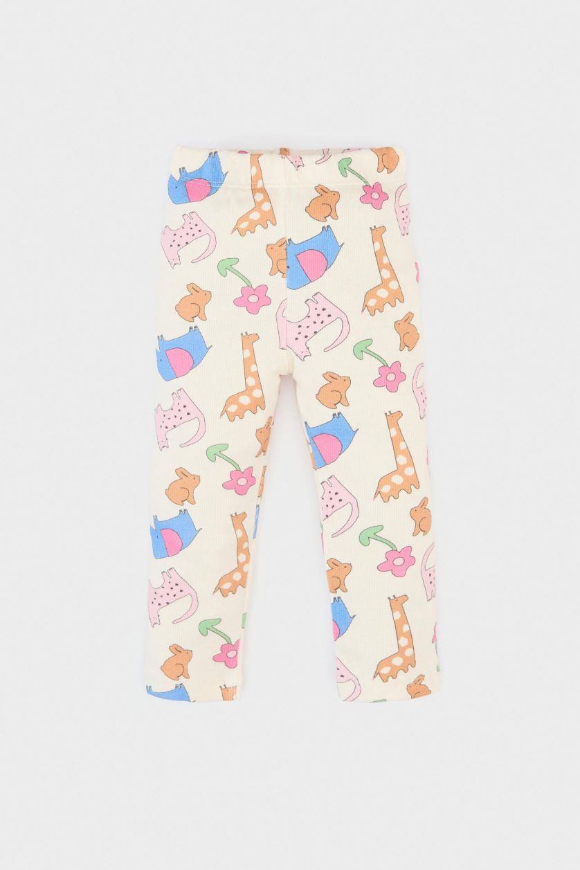 BABY GIRL Ecru Baby Girl Regular Fit Animal Patterned Ribbed Trousers