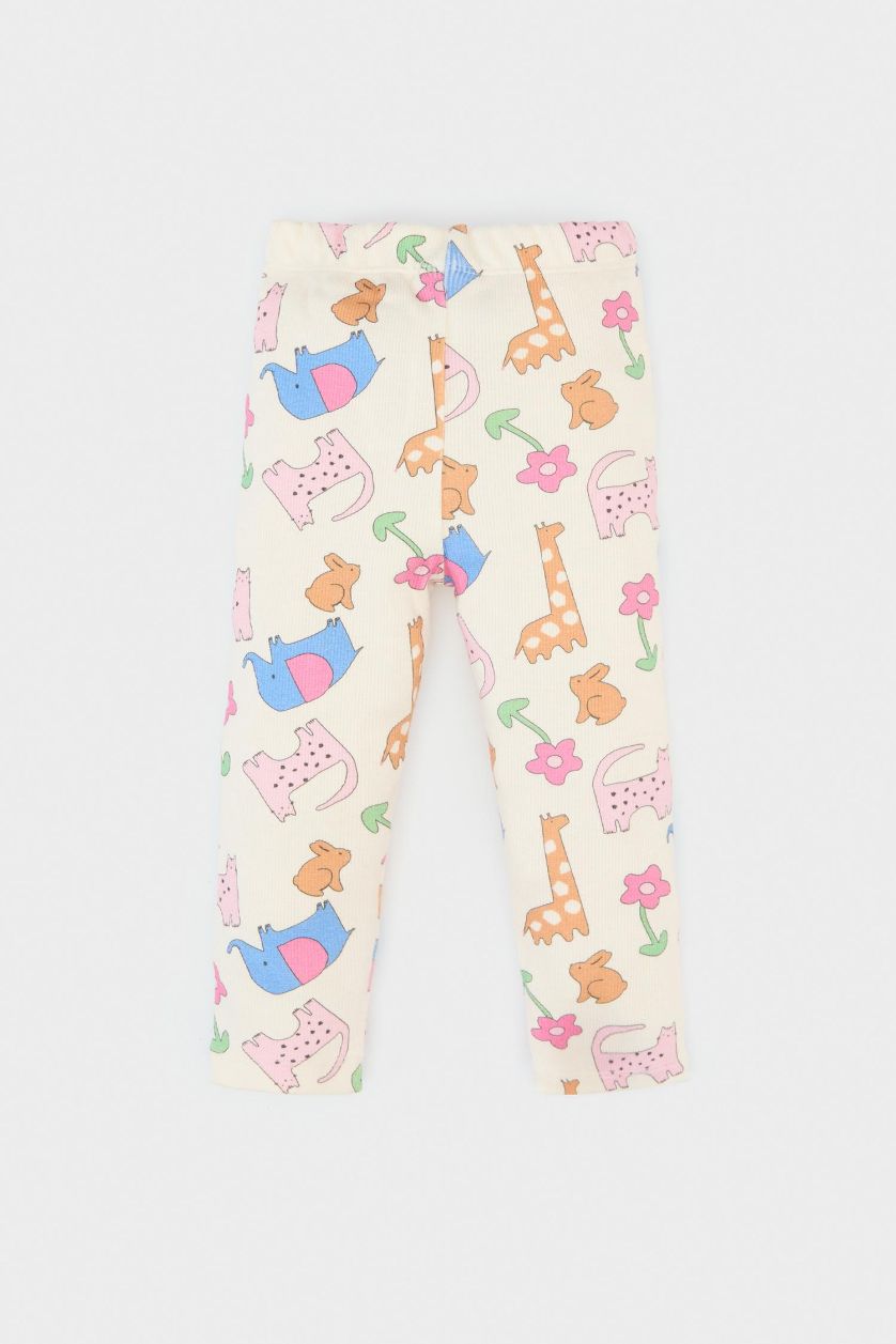 BABY GIRL Ecru Baby Girl Regular Fit Animal Patterned Ribbed Trousers