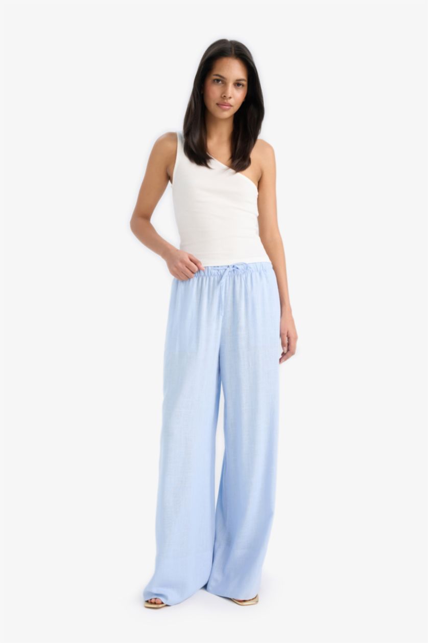 Woman Blue Wide Leg Elastic Waist Midi Linen Trousers