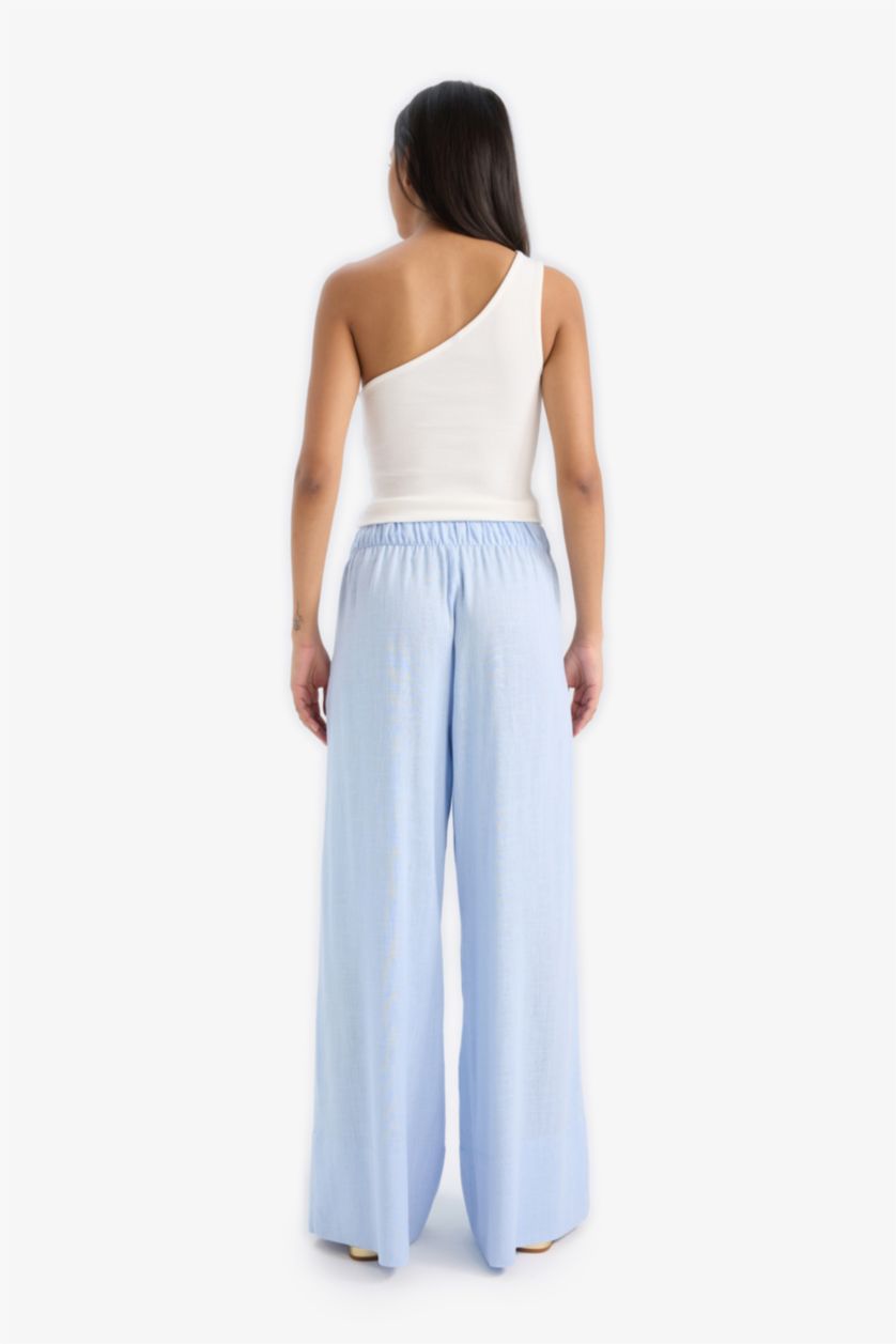 Woman Blue Wide Leg Elastic Waist Midi Linen Trousers