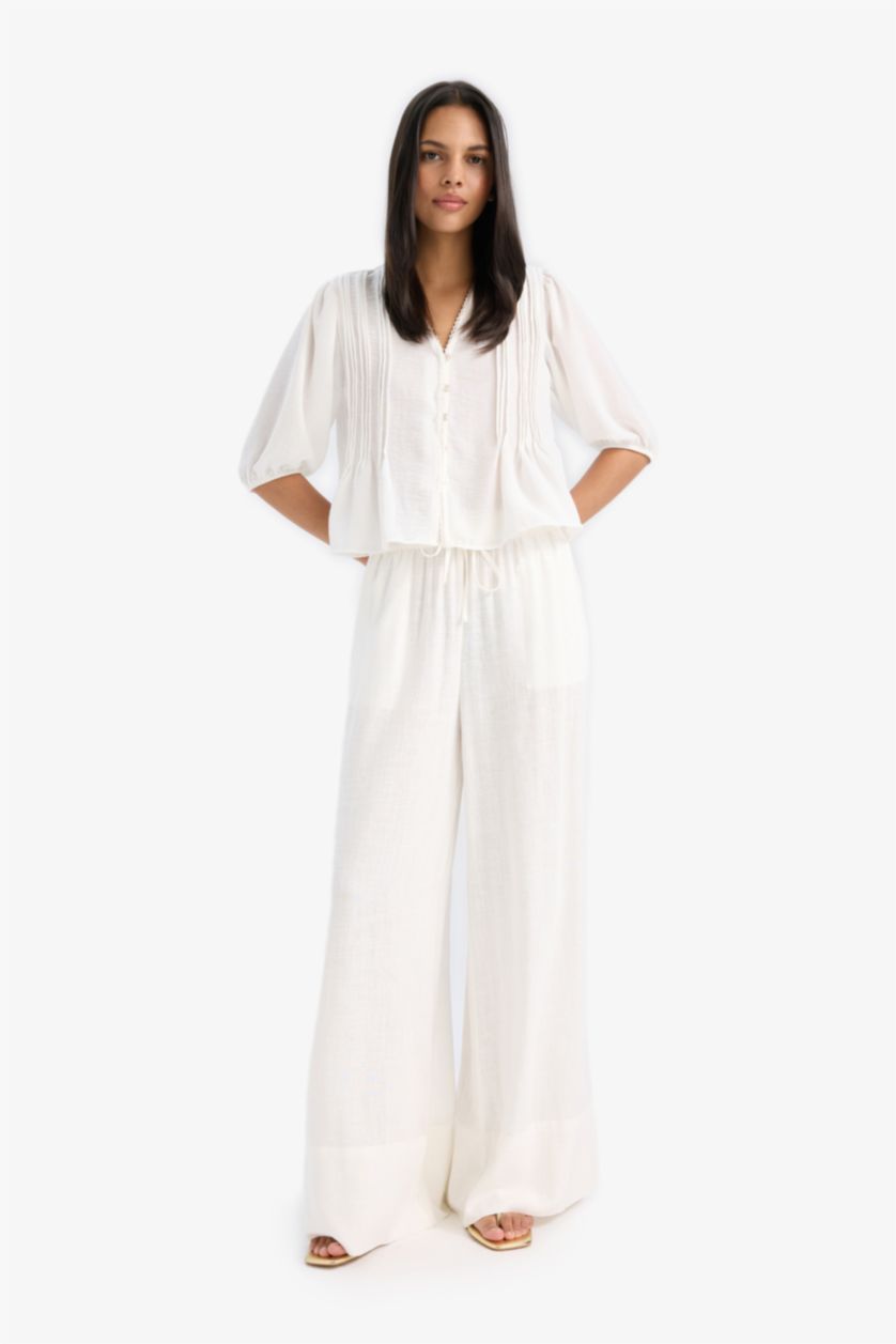 Woman White Wide Leg Elastic Waist Midi Linen Trousers