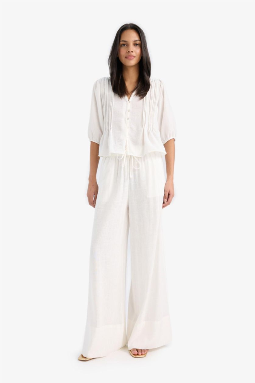Woman White Wide Leg Elastic Waist Midi Linen Trousers