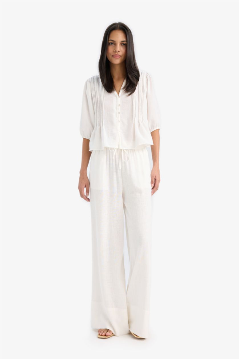 Woman White Wide Leg Elastic Waist Midi Linen Trousers