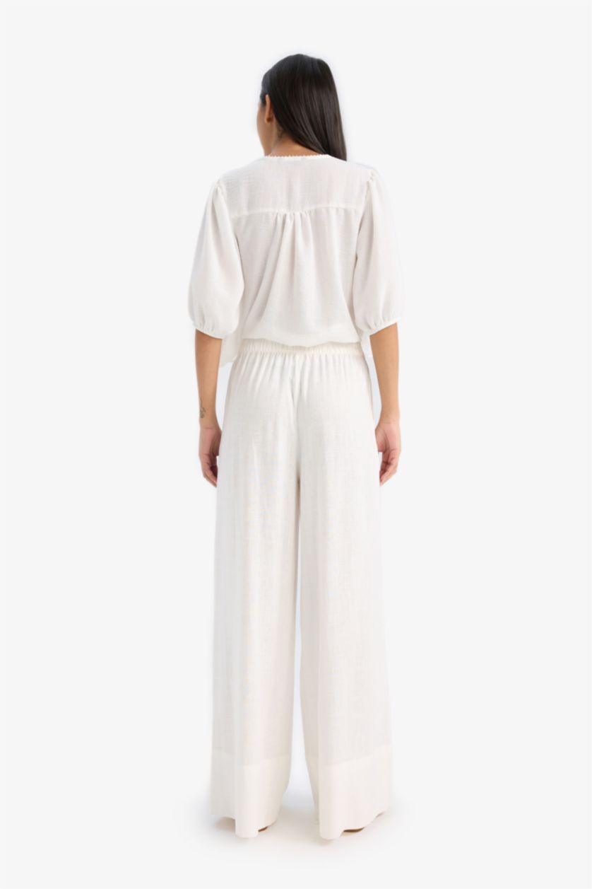 Woman White Wide Leg Elastic Waist Midi Linen Trousers