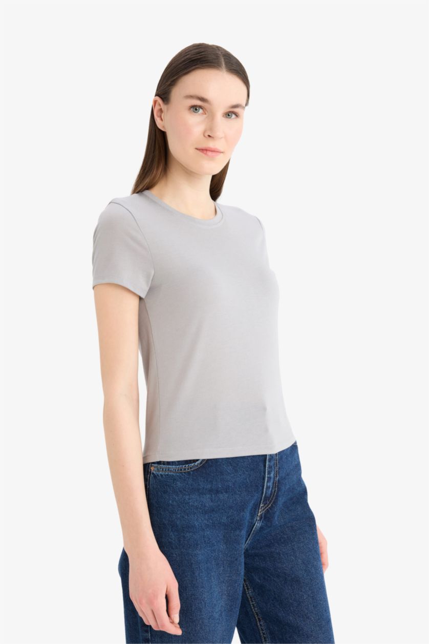 Woman Light Grey Fitted Crew Neck Basic Short Sleeve T-Shirt