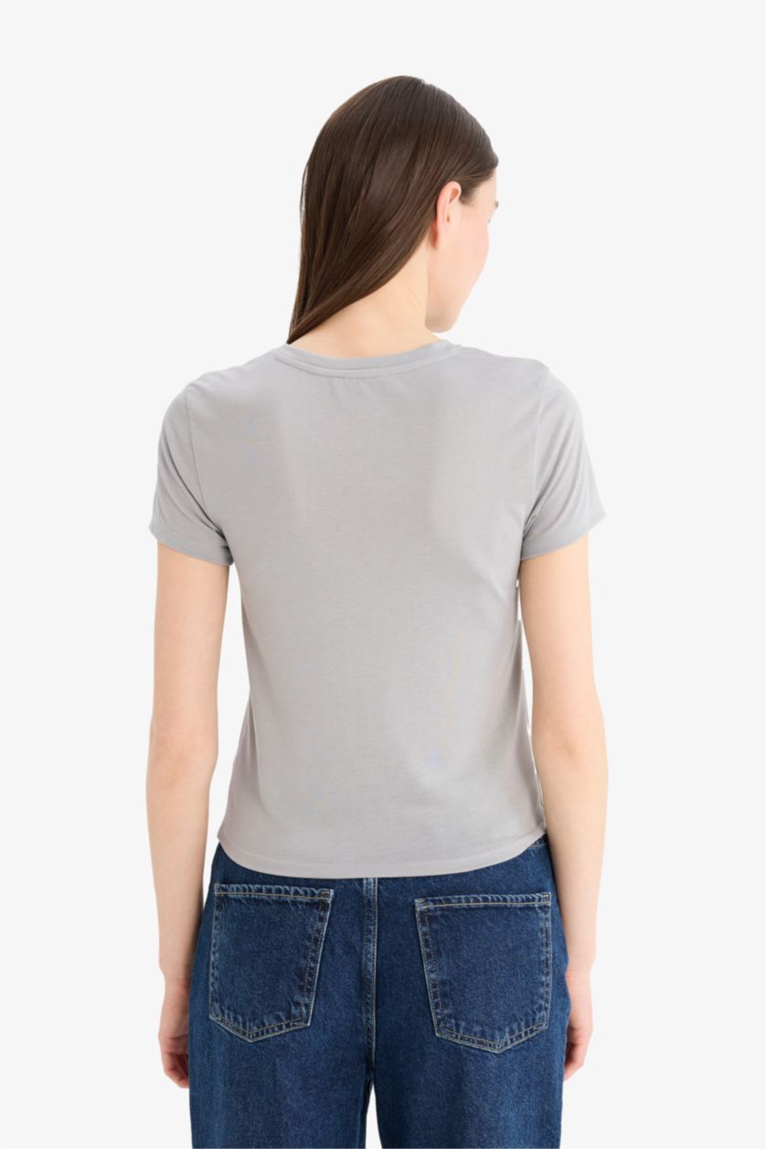Woman Light Grey Fitted Crew Neck Basic Short Sleeve T-Shirt