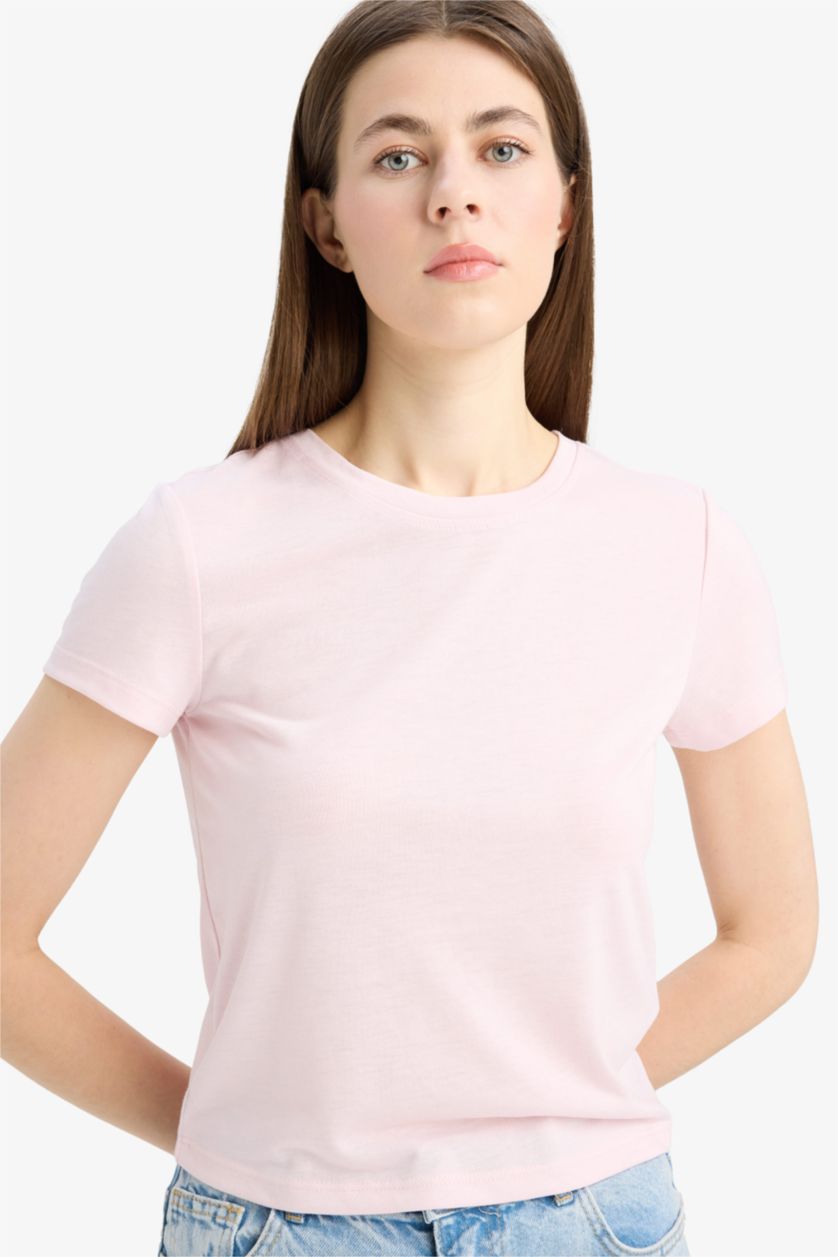 Woman Light Pink Fitted Crew Neck Basic Short Sleeve T-Shirt